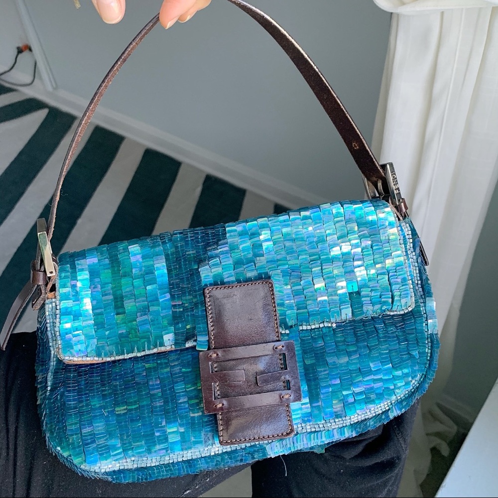 FENDI Navy Blue Sequin Beaded Shoulder Baguette Vintage 90s Bag - Picture 1 of 16